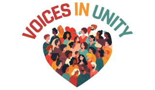 Illustration of a group of people arranged in a heart shape. Text reads: 'Voices in Unity'