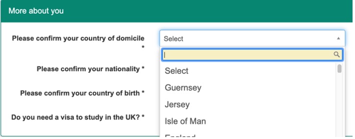 RISIS website drop down of nationalities.